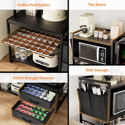 POZILAN 47" Adjustable Mini Fridge Stand with Storage, 5-Tier Mini Fridge Shelf with Power Outlet, Sturdy Coffee Bar Station with Pod Storage, Microwave Stand for Dorm, Office, Kitchen, Black