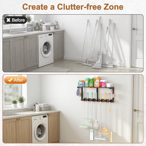 Housolution Wall Mount Broom Holder Laundry Room Storage Organizer Shelves | Thickened Metal Frame, 100 LBS High Load-Bearing, Large Capacity, Multifunctional with 7 Grippers & 8 Hooks - size: 7 Grippers with 1 Tier Shelf
