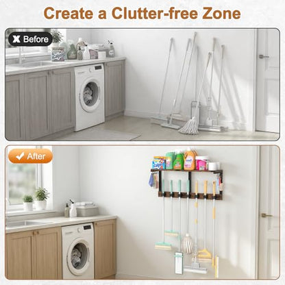 Housolution Wall Mount Broom Holder Laundry Room Storage Organizer Shelves | Thickened Metal Frame, 100 LBS High Load-Bearing, Large Capacity, Multifunctional with 7 Grippers & 8 Hooks - size: 7 Grippers with 1 Tier Shelf