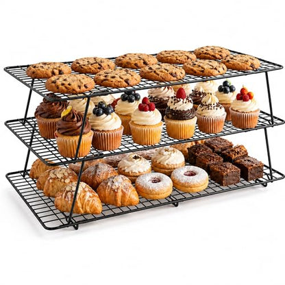 Cooling Rack 16"x10", 3-Tier Stackable & Collapsible Cooling Racks | Cooling Racks for Cooking and Baking, Roasting, Grilling, Oven & Dishwasher Safe (Black, 3-Tier-SL) - color: Black, size: 3-Tier-SL