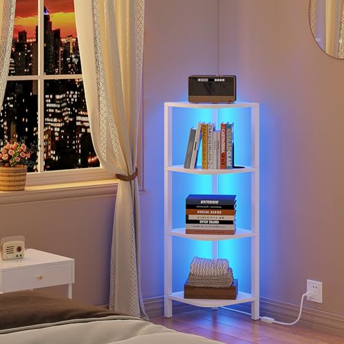 TUTOTAK Corner Shelf, 4-Tier Corner Bookshelf for Small Space | Narrow Display Corner Shelf Stand with Storage Rack, for Living Room, Bedroom, White BS08BW004L - color: White, size: 4-Tier Large With LED