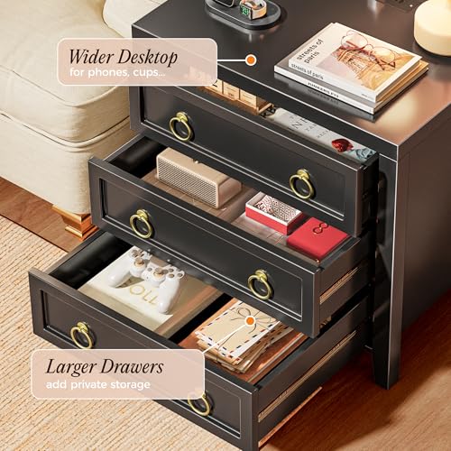 Huuger Paint Night Stand with Charger Station, 3 Drawer Nightstand Set of 2 | Larger Wider Bedside Table with USB-C Port, Modern End Table, for Bedroom, Living Room, Black Nightstand - color: Black