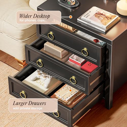 Huuger Paint Night Stand with Charger Station, 3 Drawer Nightstand Set of 2 | Larger Wider Bedside Table with USB-C Port, Modern End Table, for Bedroom, Living Room, Black Nightstand - color: Black