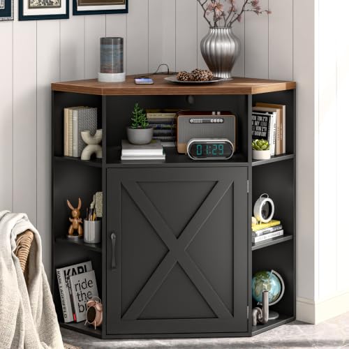 Vabches Corner Cabinet, Corner Storage Shelf with USB Ports and Outlets Industrial Organizer for Small Space Wooden 6-Cubby Bookshelf for Study, Playroom, Living Room (Black and Brown) - color: Black and Brown