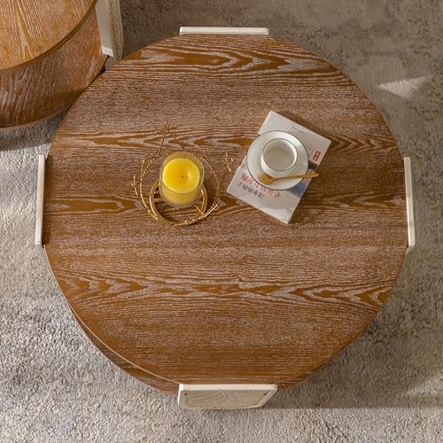 31.89'' Round Wood Coffee Table 2-Tier Circle Craft Rustic Coffee Table for Living Room, Modern Retro Farmhouse Carved Style, Easy Assembly, Natural Wood - color: Ø31.89''-natural Wood