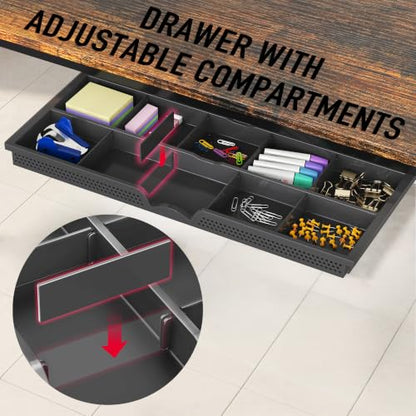 SHW 46-Inch Home Office Computer Desk w/Side Shelf & Drawer, Rustic Brown | w/ Reversible Adjustable Shelf | Drawer with adjustable compartments - color: Rustic Brown