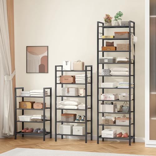 usikey 10 Tiers Narrow Shoe Rack 20-30 Pairs, Sturdy Metal Tall Shoe Rack Shelf with 4 Hooks, Slim Shoe Storage with Metal Shelf, Space Saving Vertical Shoe Organizer for Closet Entryway, Black - color: 10 Tier ( 17.9 X 11 X 69.2 Inches)-black