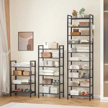 usikey 10 Tiers Narrow Shoe Rack 20-30 Pairs, Sturdy Metal Tall Shoe Rack Shelf with 4 Hooks, Slim Shoe Storage with Metal Shelf, Space Saving Vertical Shoe Organizer for Closet Entryway, Black - color: 10 Tier ( 17.9 X 11 X 69.2 Inches)-black