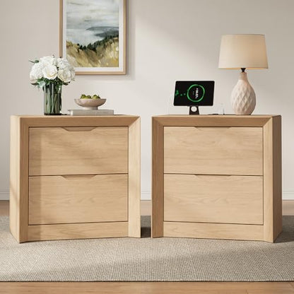 YANSNWO Natura Oak Nightstand Set of 2 with Charging Station, 23.6" Modern Bedside Table with Thickened Frame & Unique Panel, Mid Century Wood End Table for Bedroom, Living Room - color: Natural Oak, size: 15.6"D x 23.6"W x 23.6"H (2 Drawers/2 Piece)