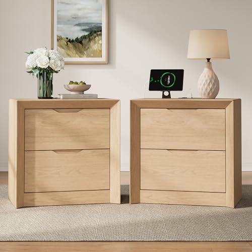 YANSNWO Natura Oak Nightstand Set of 2 with Charging Station, 23.6" Modern Bedside Table with Thickened Frame & Unique Panel, Mid Century Wood End Table for Bedroom, Living Room - color: Natural Oak, size: 15.6"D x 23.6"W x 23.6"H (2 Drawers/2 Piece)