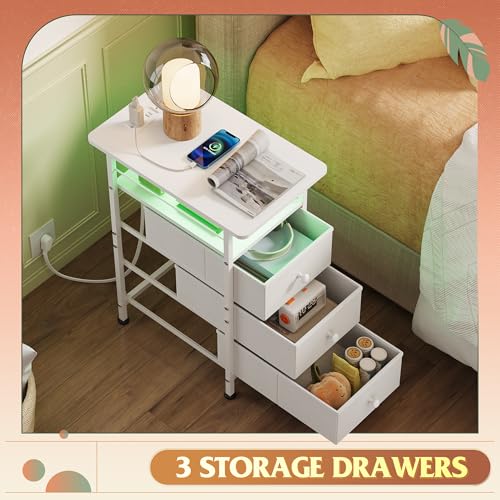 WLIVE Narrow Side Table with Charging Station, End Table with LED Lights,3 Fabric Drawers and Open Shelf, Bed Side Tables Living Room, Small Spaces, Bedroom, White - color: White, size: 3 Drawers