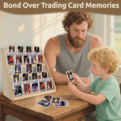 Wooden Trading Card Display Stand – 5-Tier Card Display Holder for 35pt Magnetic Cases, Graded Tabletop Display Stand,Sports PSA Card Show Display Case for Baseball, Football Cards Collection(Natural)