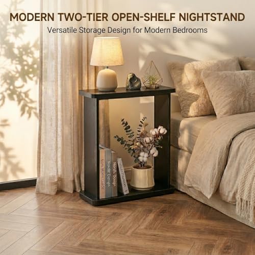 Narrow Side Table for Small Spaces, 7.9" Slim End Table with 2-Tier Open Storage Shelf, Modern Skinny Wood Sofa Table for Living Room, Bedroom, Nightstand, Couch (Black) - color: Black