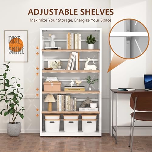 Polup Metal Bookshelf, 5 Tier Wide Bookcase with Adjustable Shelves, Tall White Book Shelf with Bookends, Large Display Shelves for Living Room, Home Office, Library - color: White, size: 5 Tier-31" W