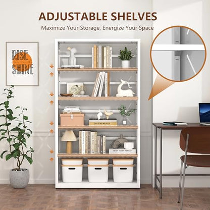 Polup Metal Bookshelf, 5 Tier Wide Bookcase with Adjustable Shelves, Tall White Book Shelf with Bookends, Large Display Shelves for Living Room, Home Office, Library - color: White, size: 5 Tier-31" W