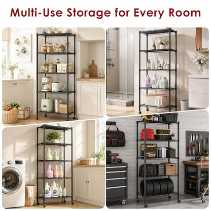 Simple Deluxe 5-Tier Heavy Duty Adjustable Shelf with Wheels, 23.23”W x 13.39”D x 59.45”H,Metal Storage Rack, Easy Tool-Free Assembly for Garage, Warehouse, Basement, Laundry, Black - size: 5-Tier, 23.23”W x 13.39”D x 59.45”H, style: 1 Pack