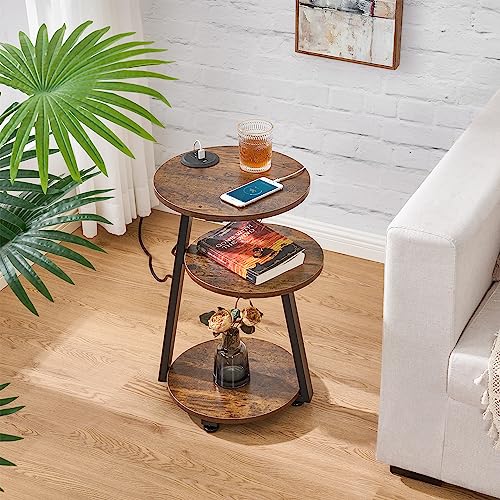 BEWISHOME Round End Table with Charging Station, Side Table Accent Nightstand Bedside Table with 3-Tier Shelves, Small Couch Table for Living Room Bedroom Rustic Brown KTZ51Z - color: Rustic Brown, size: with PowerOutlet