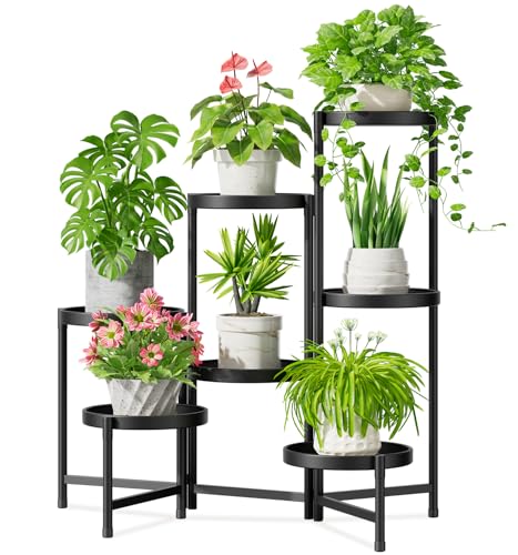 iDavosic.ly 7 Tier Large Plant Stand Indoor with 10 Inch Wide Tray, Tiered Corner Metal Outdoor Flower Display Holder Shelf, Folding Tall Rack for Patio Porch Living Room, Modern Black - color: Black, size: 7 Tiers
