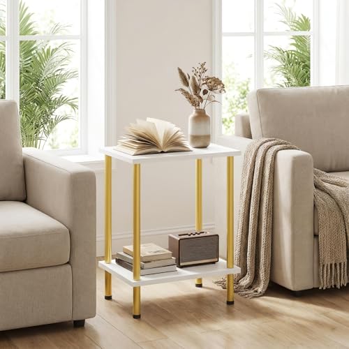 HOOBRO End Tables Set of 2, Small Side Table, Nightstand with 2-Layer Storage Shelves, Sofa Table for Small Spaces, Living Room, Bedroom, Stable Frame, Easy Assembly, White and Gold DW09BZP201 - color: White + Gold