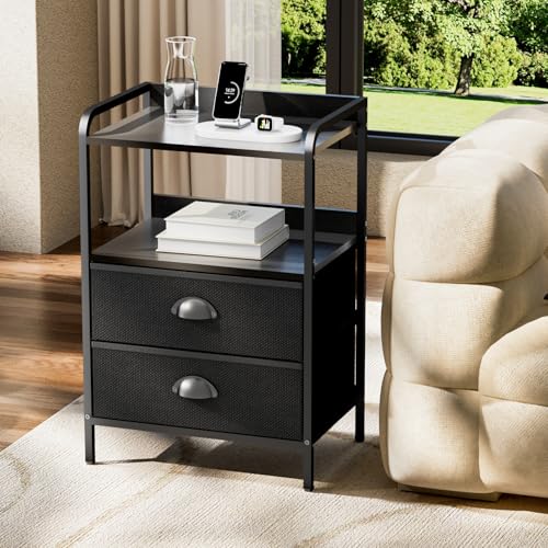 Night Stand Set 2, Nightstand with 2 Fabric Drawer, End Table with Open Shelf, Bedside Table Side Table with Wooden Top for Bedroom, Black - color: Black(2drawer), size: Set of 2