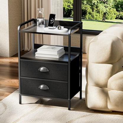Night Stand Set 2, Nightstand with 2 Fabric Drawer, End Table with Open Shelf, Bedside Table Side Table with Wooden Top for Bedroom, Black - color: Black(2drawer), size: Set of 2
