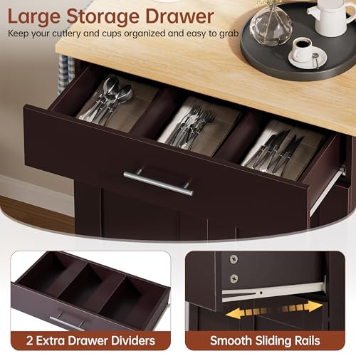 Mobile Kitchen Island on Wheels, Large Drawer, Dark Coffee | On Wheels, Large Drawer, Adjustable Shelf, Towel Rack, Rolling Island Table,for Kitchen & Dining Room - size: Small Kitchen Island, style: Modern Dark Coffee