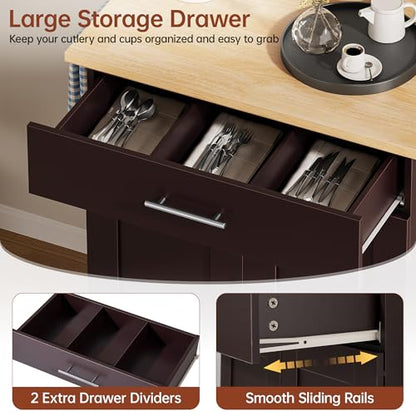 Mobile Kitchen Island on Wheels, Large Drawer, Dark Coffee | On Wheels, Large Drawer, Adjustable Shelf, Towel Rack, Rolling Island Table,for Kitchen & Dining Room - size: Small Kitchen Island, style: Modern Dark Coffee