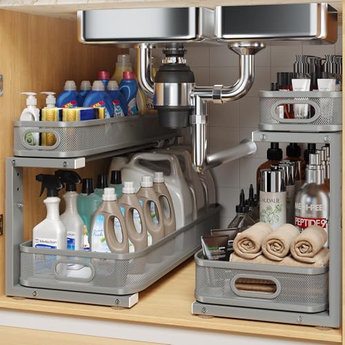 2 Pack 21.3IN-Depth Under Sink Organizer with Smooth Cylindrical Rail,2-Tier Pull Out Multi-Purpose Cabinet Storage for Bathroom&Kitchen,Height Adjustable,Rust-Resistant Coating-Gun Gray - color: Gun Gray, size: 2 Pack-21.3"Dx11"-16.14"H