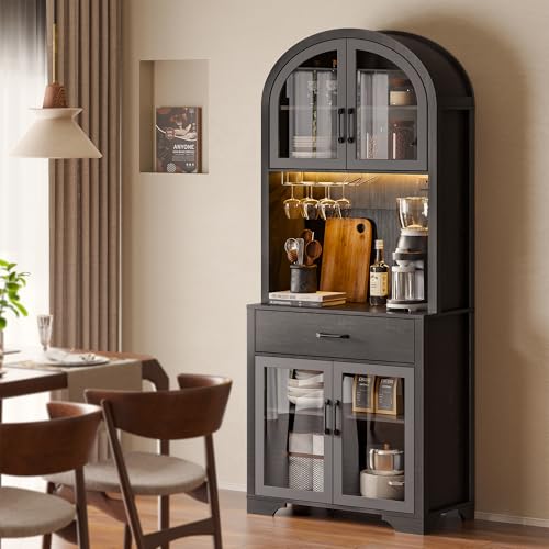 Arched Kitchen Pantry Storage Cabinet, Black Wooden Coffee Bar Cabinet with Drawers, Kitchen Hutch Dining Room Storage Cabinet with Charging Station and LED Light, Kitchen Hutch with Countertop - color: Black