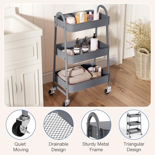 DUMOS 3 Tiers Metal Rolling Utility Cart with Lockable Wheels, Mobile Storage Organizer, Utility Shelving Unit for Kitchen, Office, Bathroom, Laundry, Narrow Places, Gray - color: 3 Tiers Gray