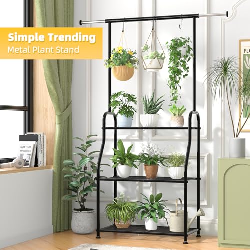Simple Trending Plant Stand Indoor Outdoor, Heavy Duty Metal 3 Tiered Hanging Plant Shelf for Multiple Flower Planter Holder Tall Large Rack for Living Room Garden Balcony, Black