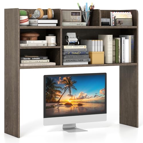 Giantex Desktop Bookshelf, 37" Desk Hutch Dorm for Computer Up to 32 Inch, Countertop Hutch w/6 Storage Shelves, 3-Tier Desktop Organizer Display Rack, Wood Desk Shelf for Home Office (Grey Oak) - color: Grey Oak, size: 6 Shelves (33.5"H)