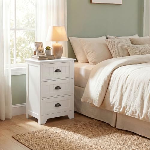 Giantex Nightstand with 3 Drawers, Bedside Table with Exquisite Metal Handles, Accent Table Sofa Side Table with Anti-toppling Device for Bedroom, Study, White - color: White
