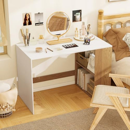 Giantex Small Desk with Bookshelf, 44 Inch Modern Computer Desk for Small Spaces, Laptop PC Desk, Vanity Table for Bedroom, Study Writing Desk for Home Office (White+Natural) - color: White+natural