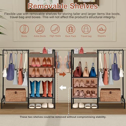 2-in-1 Shoe and Purse Rack, 5-Tier Shoe Rack with Wooden Tray & 7 Hooks, Industrial Metal Shoe Shelf with Removable Shelves for Entryway, Front Door Entrance, Closet, Boot Storage, Black - color: Black With Grey
