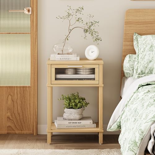 Nightstand Wooden Bedside Table with Drawer Natural Wood Night Stands Modern Style Small End Table Side Table with Storage Shelf for Bedroom Living Room MLBZ10YEV - color: Natural