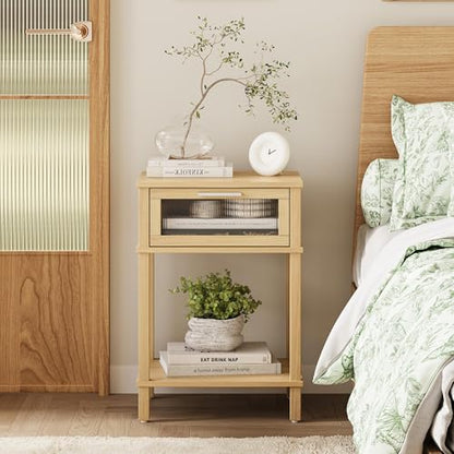 Nightstand Wooden Bedside Table with Drawer Natural Wood Night Stands Modern Style Small End Table Side Table with Storage Shelf for Bedroom Living Room MLBZ10YEV - color: Natural