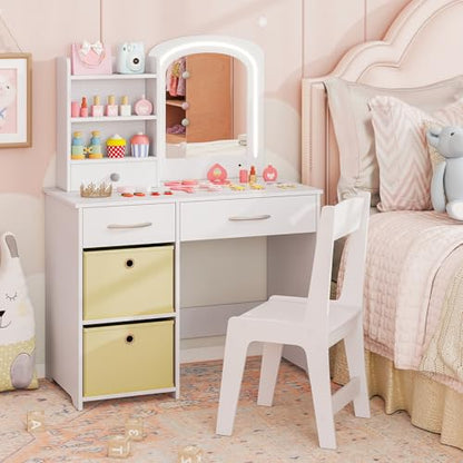Costzon Kids Vanity with Lights, Princess Makeup Dressing Desk with Mirror and Stool, Storage Drawers, Shelves, Vanity Table and Chair Set for Little Girls (White) - style: White