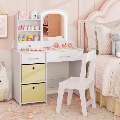 Costzon Kids Vanity with Lights, Princess Makeup Dressing Desk with Mirror and Stool, Storage Drawers, Shelves, Vanity Table and Chair Set for Little Girls (White) - style: White