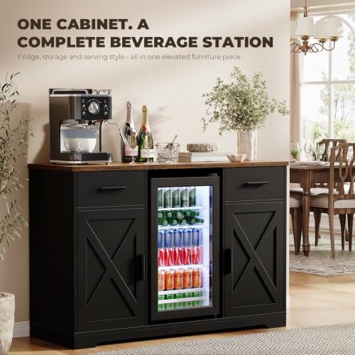 Large Coffee Bar Cabinet with Fridge (Fridge Included), 47'' Farmhouse Bar Cabinet with Wine Storage, Buffet Sideboard Table Station with 2 Drawers & Large Countertop for Home, Black