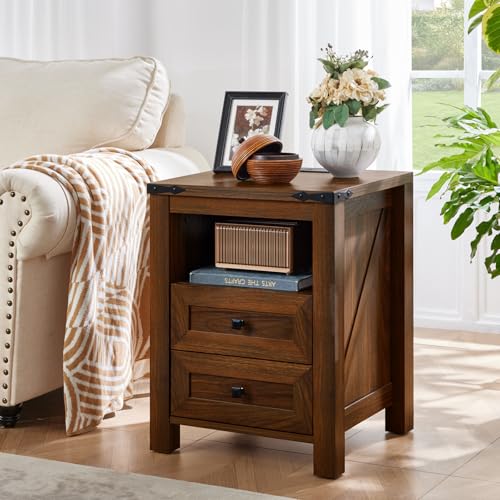 Joaxswe Nightstands Set of 2 with Charging Station, Farmhouse Side End Table with 2 Drawers and Open Shelf, Wood Rustic Sofa Table, Bedside Cabinet for Bedroom, Living Room, Closet, Office(Brown) - color: Brown, size: 2 pack
