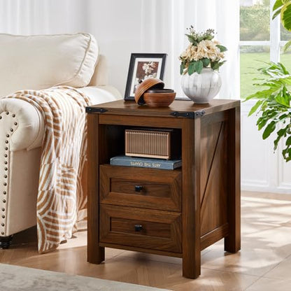 Joaxswe Nightstands Set of 2 with Charging Station, Farmhouse Side End Table with 2 Drawers and Open Shelf, Wood Rustic Sofa Table, Bedside Cabinet for Bedroom, Living Room, Closet, Office(Brown) - color: Brown, size: 2 pack