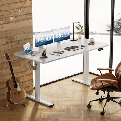 Furmax 63 Inches Electric Height Adjustable Standing Desk Home Office Desk | Large Sit Stand Up Computer Desk Memory Preset with T-Shaped Metal Bracket, White - color: White, size: 63 Inch