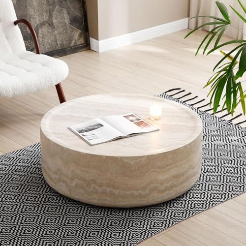 31.49'' Round Coffee Table for Living Room Drum Coffee Table Modern Faux Travertine Stone Coffee Table for Apartment, No Need Assembly (Fiberglass Marble Pattern) - color: Faux Stone-round-31.49inch-travertine-coffee