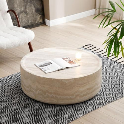 31.49'' Round Coffee Table for Living Room Drum Coffee Table Modern Faux Travertine Stone Coffee Table for Apartment, No Need Assembly (Fiberglass Marble Pattern) - color: Faux Stone-round-31.49inch-travertine-coffee