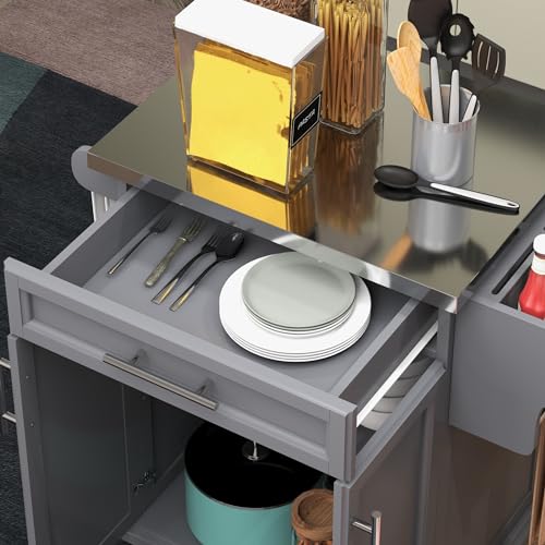 HOMCOM Kitchen Island on Wheels, Rolling Kitchen Cart with Stainless Steel Countertop, Drawer, Towel Rack and Spice Rack, Utility Storage Trolley, Gray - color: Grey