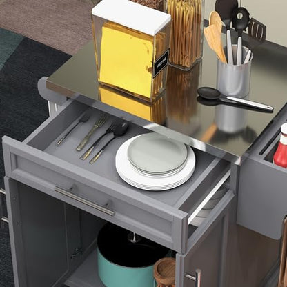 HOMCOM Kitchen Island on Wheels, Rolling Kitchen Cart with Stainless Steel Countertop, Drawer, Towel Rack and Spice Rack, Utility Storage Trolley, Gray - color: Grey