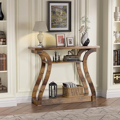 47" Wood Console Table for Entryway, Narrow Sofa Table with 3-Tier Shelves | Curved Legs Farmhouse Hallway Table, Skinny Console Table Behind Couch, Wooden Entry Table for Living Room Rustic Brown - color: Rustic Brown