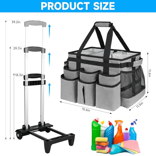 Large Rolling Cleaning Caddy Bag with Detachable Trolley,Cleaning Cart on Wheels with Shoulder Strap,Cleaning Supplies Organizer for Housekeepers,Gray - color: Grey