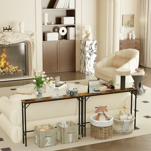 Aduanbang 5.9" Console Table with Outlet – Narrow Sofa Table, Behind Couch Table for Living Room & Hallway, 5.9" x 39.4" x 30", Metal Frame, Rustic Brown - color: Rustic Brown, size: 5.9"D x 39.4"W x 30"H